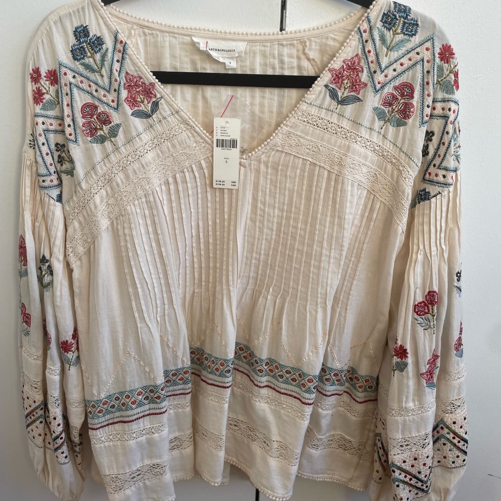 Anthropologie Embroidered Flowy Blouse